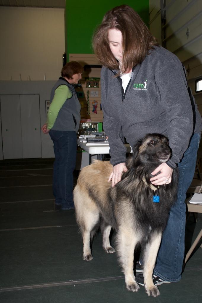 Sara comforts Nash (Kathie's dog) before having to perform in front of a crowd.